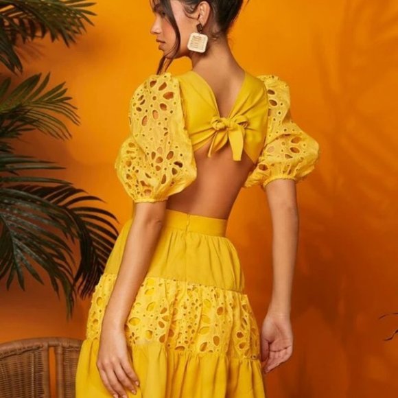 Boho Cut Out Embroidery Eyelet Ruffle Trim Tie Back Dress - Picture 6 of 7